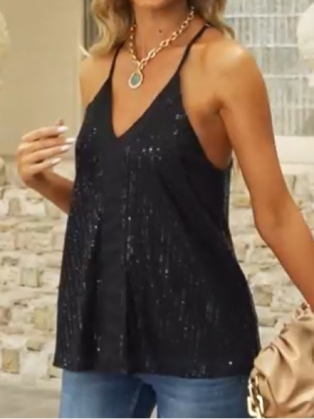 Black Sequin V-Neck Racerback Women's Top EUC